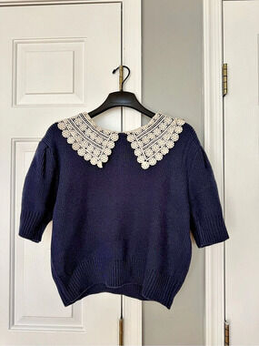 Caroline Constas Crochet Collar Knit Sweater Blue & Cream Size L
